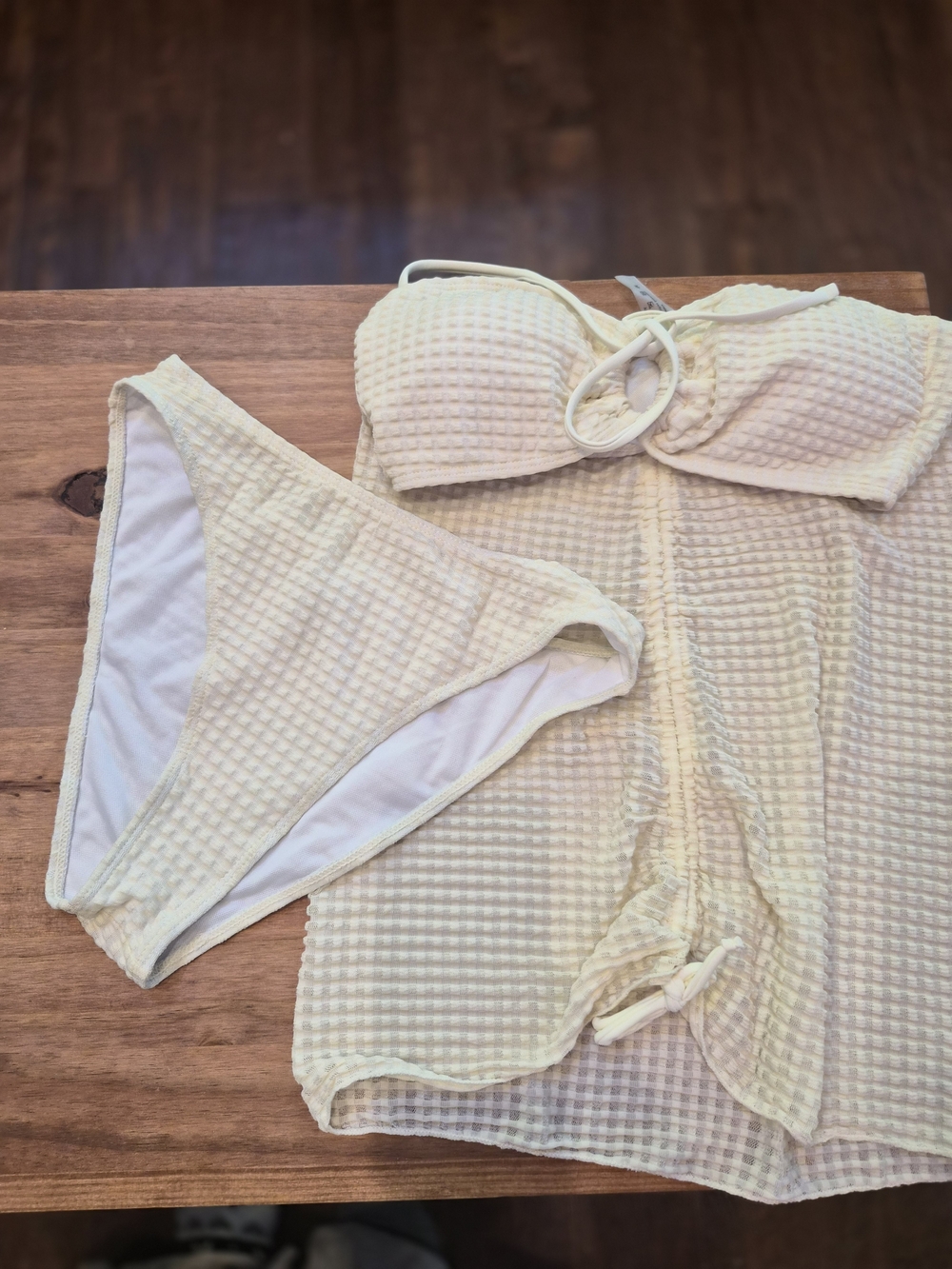 Women’s Cream Waffle Knit Strapless Bikini Set
